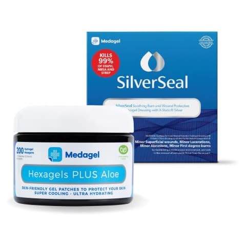 Medagel Hexagels Plus Aloe Vera Paraben Free Hydrogel Pads and SilverSeal Burn and Wound Dressing Cover