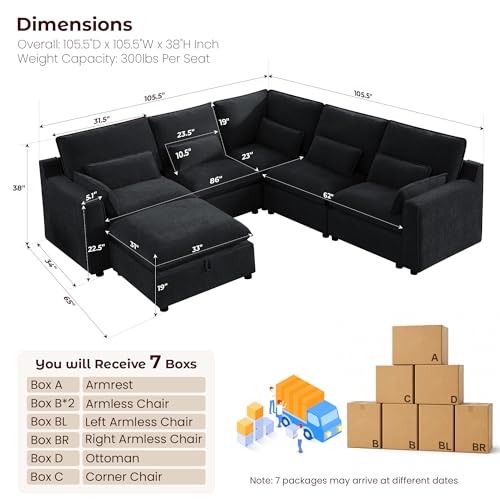 Image of WorthFurni Modern Modular Sectional Sofa,105 inch V Shape Sectional Cloud Couch with Storage Ottoman,Comfty 6 Seat Sofa for Living Room,Black Chenille