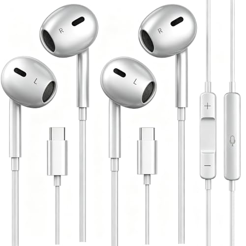 2 Pack USB C Wired Headphones for iPhone 17/16/15 Pro Max-Silvery