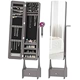 HOMCOM Espejo Joyero con Luces LED, Armario para Joyas, Armario Joyero con Espejo Entero de Ángulo Ajustable, Cajón, Interruptor Táctil, Luces Apagado Automático, Soporte para Secador, Gris
