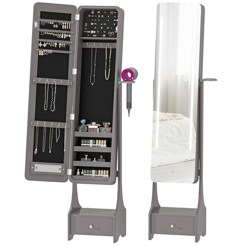 HOMCOM Espejo Joyero con Luces LED, Armario para Joyas, Armario Joyero con Espejo Entero de Ángulo Ajustable, Cajón, Interruptor Táctil, Luces Apagado Automático, Soporte para Secador, Gris