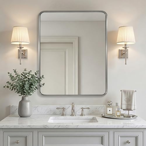 Image of ANDY STAR 24x30'' Brushed Nickel Bathroom Vanity Mirror Over Sinks, Rounded Rectangle Bathroom Wall Mirror in 1'' Seamless Tube Metal Frame,SUS304-Anti-Rust, Wall-Mounted Horizontal /Vertical