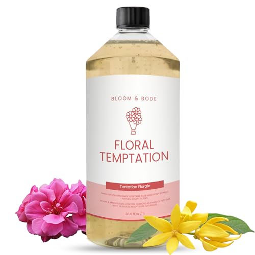 Luxury Liquid Hand Soap Refill - Natural Scented Hand Wash - Gentle Hand Soap with Essential Oils & Aloe Vera - Moisturizing Handwash for Bathroom and Kitchen - Floral Temptation Scent, 33.8 fl oz