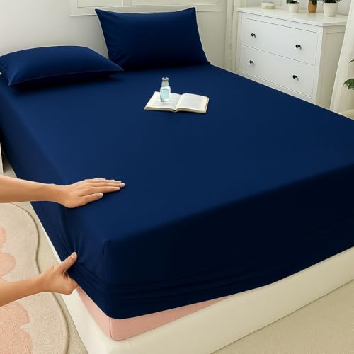 Image of 600 TC 100% Egyptian Cotton Fitted Sheet for King Bed Size Fitted Bed Sheet with Pillow Cover for Bedroom, Soft Hotel Quality Size - 72 x78+12 Navy Pillow Cover Size -18 x 28 Inch