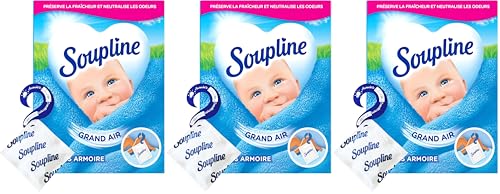 SOUPLINE Sachets Armoire Rafraîchissants, Parfum Air Frais, Désodorise et Parfume votre Linge Pendant 6 Semaines, Neutralise les Odeurs, 1 Boîte avec 3...