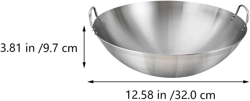Tofficu Stainless Steel Wok 12 Inch Double Handle Round Bottom Frying Pan for Stir Fry Cooking Chinese Kitchen Use