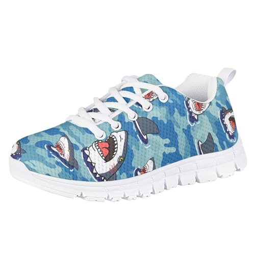 teeinprint Tenis de correr para niños, transpirables, con cordones, ligeros, antideslizantes, para niños pequeños y grandes, Camuflaje azul tiburón, 33 EU