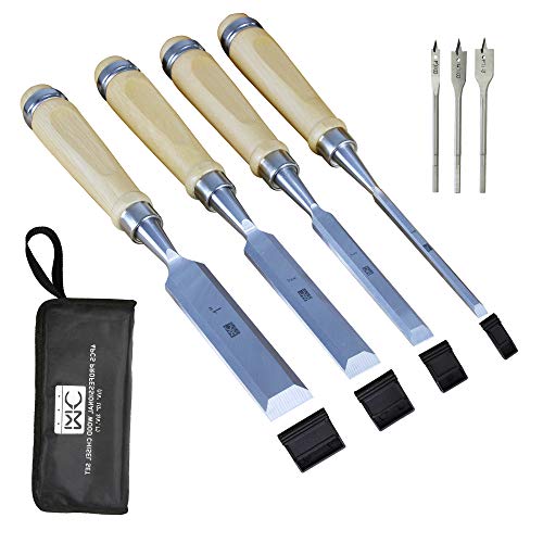 MKC Professional Wood Chisel Set Chrome-Vanadium Steel with wood Handles for Carpentry, Woodworking, Carving, Craftsman, Set of 4, 1/4 inch,1/2 inch,3/4 inch, 1 inch