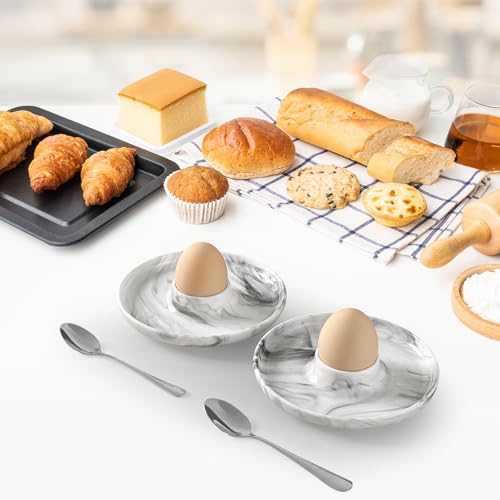 Image of Cinf Ceramic Egg Cup Set, 2 Holders with Spoons, Marble Breakfast Tray | egg serving set with ceramic cups and stainless steel spoons, stylish marble tray for boiled eggs