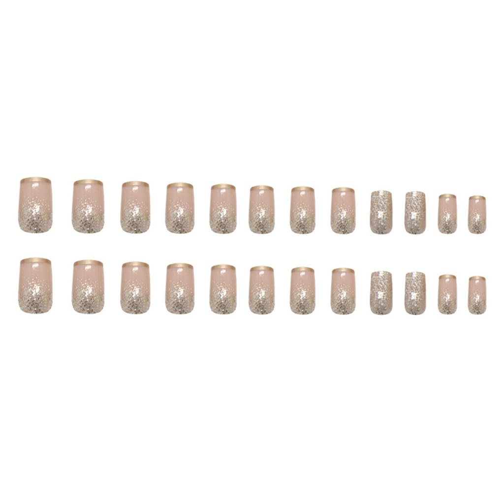24 Pcs Mediums Square Acrylic Nails Simple Full Covers Stick On Nails French Tip Glittering False Nails