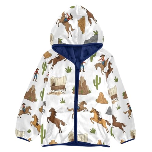 Western Themed Pattern Prints Toddler Fleece Jacket Girl Boys Hooded Fleece Jacket Coat Warm Outwear Zip-up 3-10T