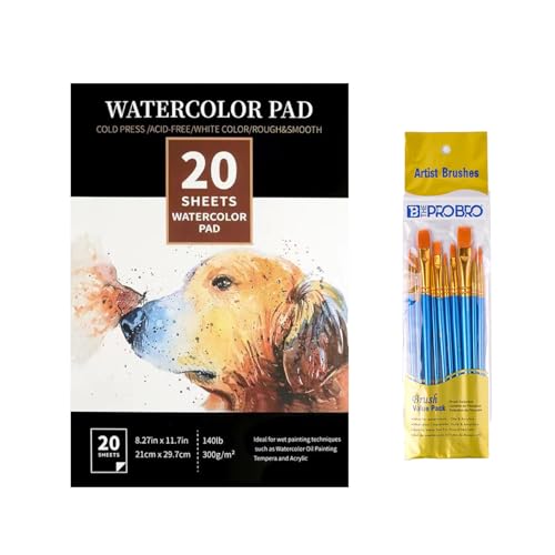 Listado de Papel para acuarela que puedes comprar esta semana. 43 GUZHUANG 1 pcs 20 hojas cuaderno de acuarela,210mm×297mm papel acuarela,300g cuaderno de dibujo,Textura de doble cara,Con 10 pinceles (negro)
