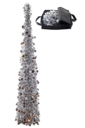 5 ft Silver Tinsel Christmas Tree - Collapsible Pop Up Christmas Tree with Bag