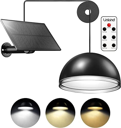 Linkind 38-LEDs Solar Pendant Light Outdoor Indoor, 2-in-1 DIY Solar Powered Shed Light Wall Light with 16.4ft Cord, Remote Control, Warm/Neutral/Daylight, IP67 Waterproof for Barn Balcony Corridor