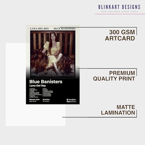 Image of BLINKART LanaDelRay - Blue Banisters Wall Photo Frames | Wall Art for Bedroom, Living Room, Studio or Office | Album Cover Print with Spotify Song Link QR Code | Gift for Fans - 8x12 In