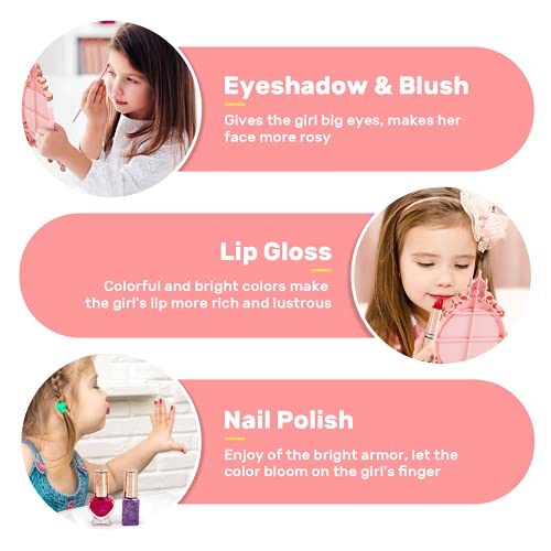 Kids Makeup Kit For Girl, 3 In 1 Play Makeup Set With Washable & Non-Toxic Cosmetic Vanity, Real Make Up Girls Toys, Princess Doll & Cards For Pretend Play, Toddler Birthday Gift For 3-6-8 Years Old #TOP7