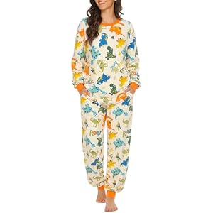 LovinPet Pajamas Set Long Sleeve Sleepwear for Women and Men, Soft Pull-On PJ Loungewear with Pockets, Matching Dog and Owner Pajamas, Dinosaur Print, Orange, 3XL