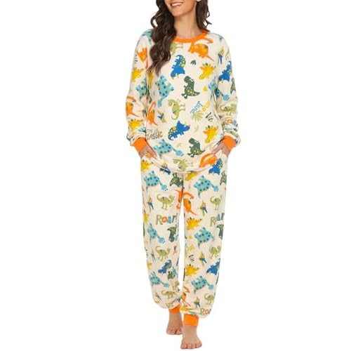 LovinPet Pajamas Set Long Sleeve Sleepwear for Women and Men, Soft Pull-On PJ Loungewear with Pockets, Matching Dog and Owner Pajamas, Dinosaur Print, Orange, 3XL