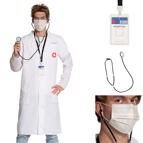 Partyxclusive Arztkittel für Herren mit Accessoires, 4-teilig – Kittel, Mundmaske, Stethoskop & Schlüsselband mit Badge, Karnevalskostüm Doktor, Verkleidungsset, Halloween, Größe S/M oder L/XL (L/XL)