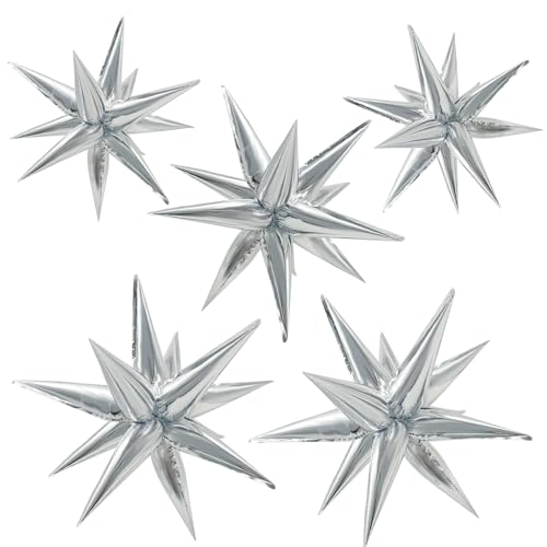 60Pcs Silver Star Balloons Birthday Decorations Explosion Mylar Balloons 12 Spike Balloon Large Foil Prom Balloon for Wedding Anniversary Christmas New Year Eve Party Backdrops Supplies