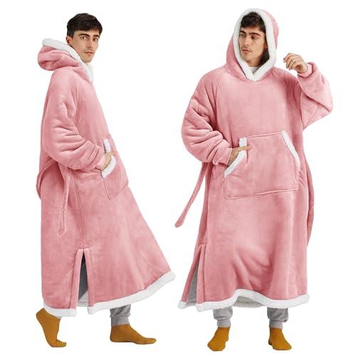 Image of Bedsure Wearable Blanket Hoodie, Long Hooded Blanket Sweatshirt as Christmas Birthday Gifts for Men, Cozy Sherpa Hoodie for Adult, Oversize, Rose Pink