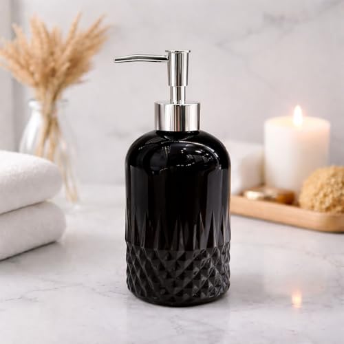 Image of Luxe Home International Diamond Cut Pattern Glass Soap Dispenser for Bathroom and Kitchen Sink Leak Proof Liquid Hand Wash Round Bottle Lightweight Smooth Finish (19.5x8 cm Black) Pack of 1