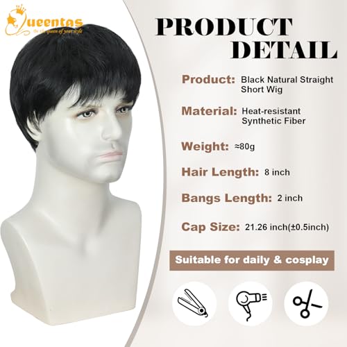 Image of QUEENTAS Short Black Wig for Men 8 Inch Natural Straight Heat Resistant Synthetic Hair for Dating Daily Use