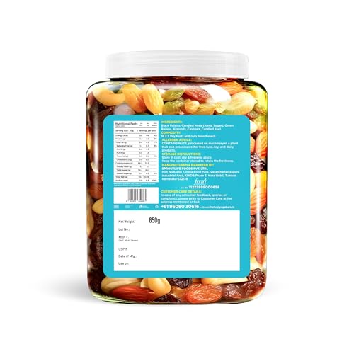 Image of Yogabar The Dry Fruit Mix, 850g (Contains Cranberries 20% Alomds 12%, Cashews 9%, Black & Green Raisins, Pumpkin seeds,Pistachios,Blueberries)
