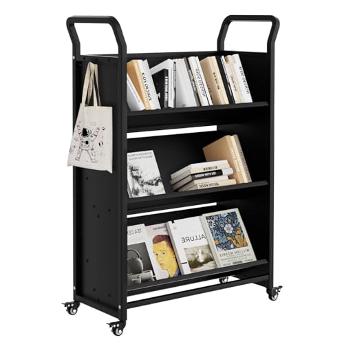 Book Cart Rolling Library Book Cart with V-Shaped Shelves Rolling Bookshelf Utility Cart with 4 Locking Wheels 3 Tier Portable Library Cart for Home Shelves Office and School Easy Assembly Black