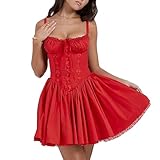 Women's Sexy Fairy Milkmaid Sundress Brthday Dress Sleeveless Lace Floral Mini Dresses for Women Red