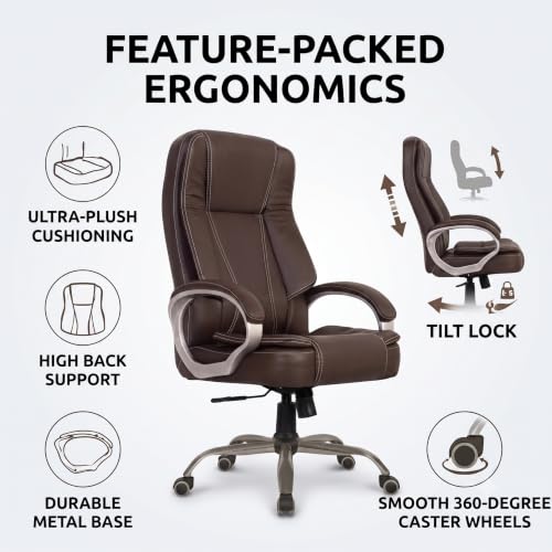 Image of High-Back Leatherette Office Executive Chair with Padded Armrests and Adjustable Recline (Brown)