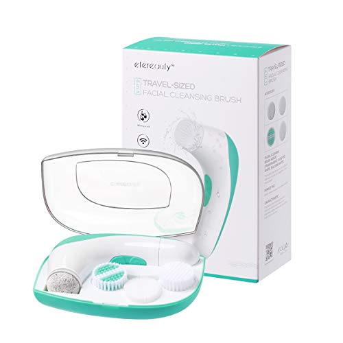【2020 Upgraded】ETEREAUTY Facial Cleansing Brush, Waterproof Face Brush with 4 Brush Heads and a Protective Travel Case - Deep Cleansing, Gentle Exfoliating, Removing Blackhead for Face and Body, Cyan