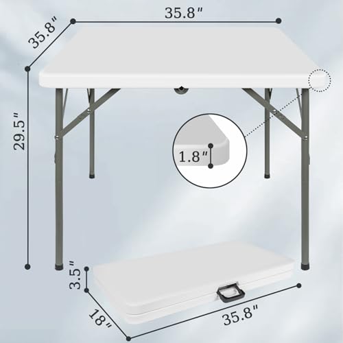 BQKOZFIN 36'' Square Plastic Folding Table, Indoor Outdoor Dining Table, Portable Fold Up Table with Handle for Dining Parties Card Picnic Camping, White by BQKOZFIN - Image 2