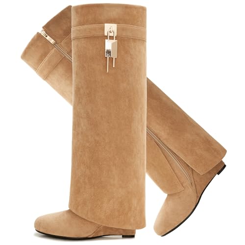 Image of Fold Over Boots for Women Pointy Pull-on Wedge Heel Knee Shark Boot With Side Zipper Padlock Design