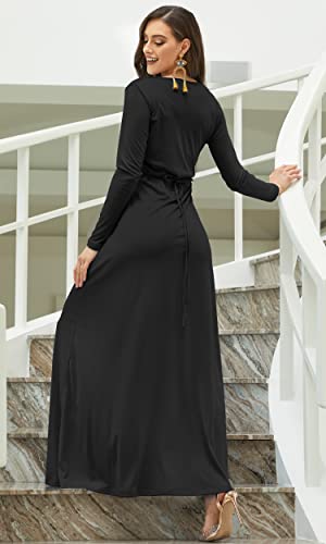 Koh Koh Womens Long Sleeve Sleeves Kaftan V-Neck Flowy Formal Wedding Guest Fall Winter Evening Day Empire Waist Abaya Muslim Gown Gowns Maxi Dress Dresses, Black L 12-14 #TOP3