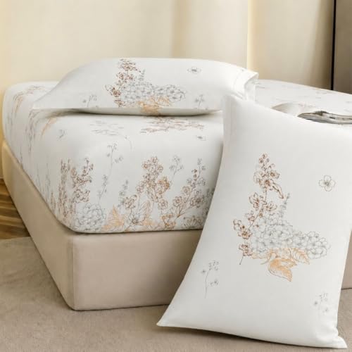 Image of Jaipur Weaves King Size Elastic Fitted Bedsheet, 100% Pure Cotton King Size Fitted Bedsheet for Double Bed with 2 Pillow Covers, 240 TC, 72x78 Inches up to 8-inch Mattress, Floral (Garden Brown)