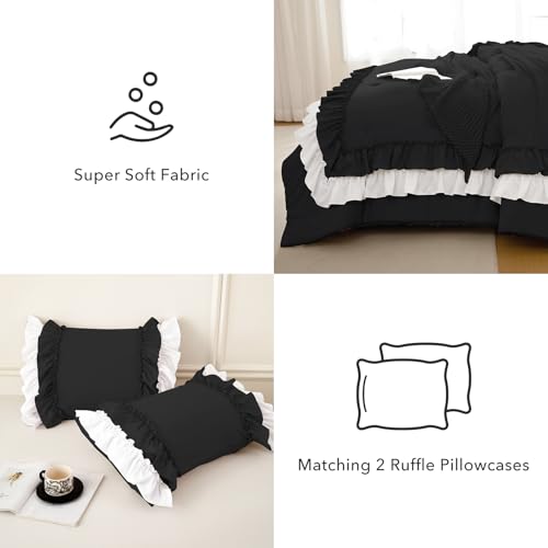 Image of QSH Black White Ruffle Comforter King Size,3PCs Farmhouse Shabby Boho Chic Ruffled Bedding Comforter Set King French Country Bed Comforter Set Ultra Soft Microfiber Lightweight Vintage Rustic Bedding