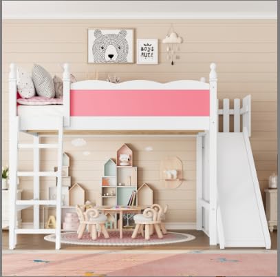 Image of Queen Size Loft Bed with Storage Shelves, Cabinet & Detachable Slide and Ladders, Solid Wood Kids Loft Bed for Space-Saving, Playful & Organized Bedroom (Light White+Pink1, Queen)