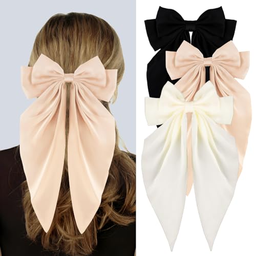 3 PCS Silky Satin Hair Bows, Oversized Long Tail Bows with Barrette Clips, Coquette Hair Accessories for Women and Girls (Black - Cream Kaki - Beige)