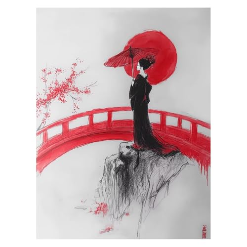 数字油絵 傘 数字塗り絵画 手芸キット 芸者 ペイントバイナンバー 手作りキット 子供 初心者 と アクリル絵の具 と ブラシ キャンバス 70 x 95 Cm Paint by numbers のために そして自宅 壁飾り ギフト 女性 model-56