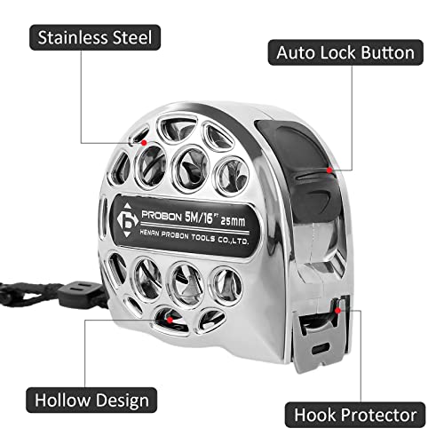 2 Pcs 16 Ft Tape Measure, Stainless Steel Double Sided Scale Retractable Measuring Tape, Anti Fall Wear Resistant Metric Ruler, Hollow Design, Self Lock