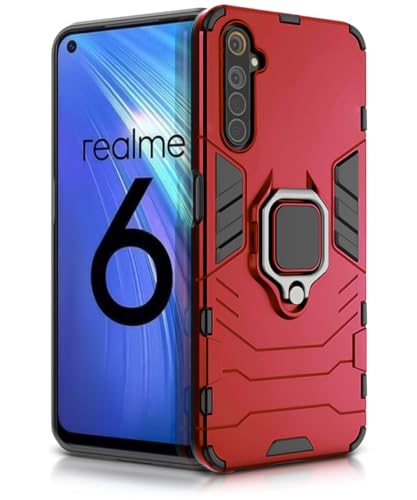 Image of WOW IMAGINE Shock Proof Back Case Mobile Cover for Realme 6 | Back Cover Case (Tough Armor | Hybrid PC + TPU | Ring Holder & in-Built Kickstand | Red)