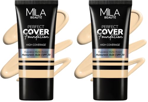 Image of Mila Beaute Perfect Cover Foundation with Hyaluronic Acid & SPF 20 | High Coverage & Flawless Matte Finish | Super Hydrating & Lightweight Formula | Suitable for All Skin Types - 2 Ivory (Pack of 2)