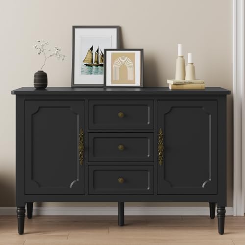 Image of FansaFurn Mid-Century Buffet Cabinet with 2 Doors & 3 Drawers, Accent Sideboard Cabinet with Adjustable Shelves & Turned Legs, Great Storage Cabinet for Living Room, Dining Room, Entryway, Black