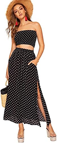 Floerns Women's Summer Printed 2 Piece Outfit Crop Tube Tops and Split Long Skirt Set Black New S