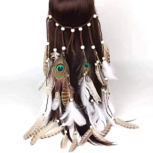 Maripabon Hippie Feather Headband Indian Peacock Feather Headdress Adjustable Rope Hair Accessories Festival Party Headpiece For Women,31.5Inch #TOP1