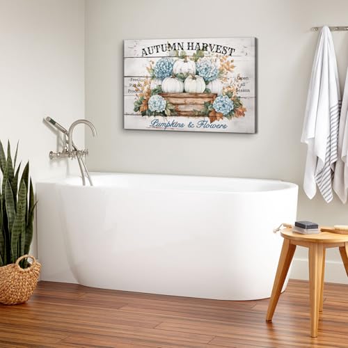 Image of Pumpkin Flower Wall Art Autumn Wall Decor Farmhouse Rustic Blue White Pumpkins Picture Prints Canvas for Bedroom Living Room 24x36 inch, Large Botanical Floral Painting Poster Artwork Home Decorations