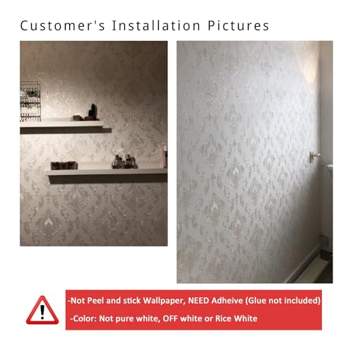 Image of AMINAH DECO Cream White Damask Decorative Textured Floral Wallpaper