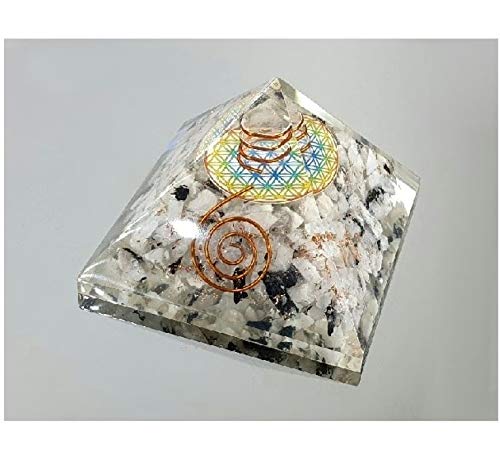 Pirámide Orgonita 7x7cm Feng Shui y Flor de la Vida Lapislázuli Cuarzo Blanco Cuarzo Rosa Piedra Luna Ojo Tigre Amatista Shungit Turmalina Resina Selenita (Piedra Luna)