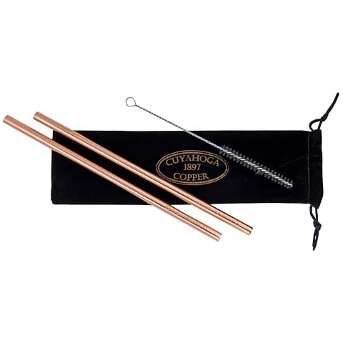Set of 2 Jumbo Pure Copper Straws perfect for Smoothies, Milkshakes, Juice, Tea, Water Bottles and More! From Cuyahoga Copper Cover